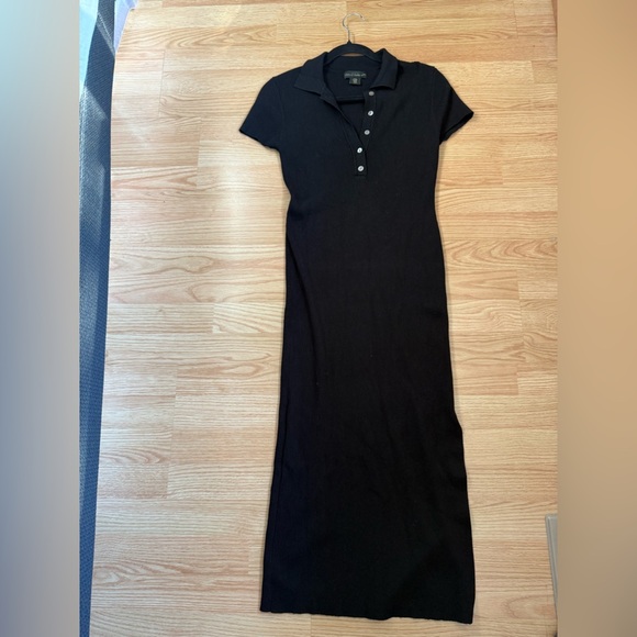 House of Harlow 1960 Ribbed Knit Midi Dress Short Sleeve Collared Black Slit, M - Picture 2 of 5